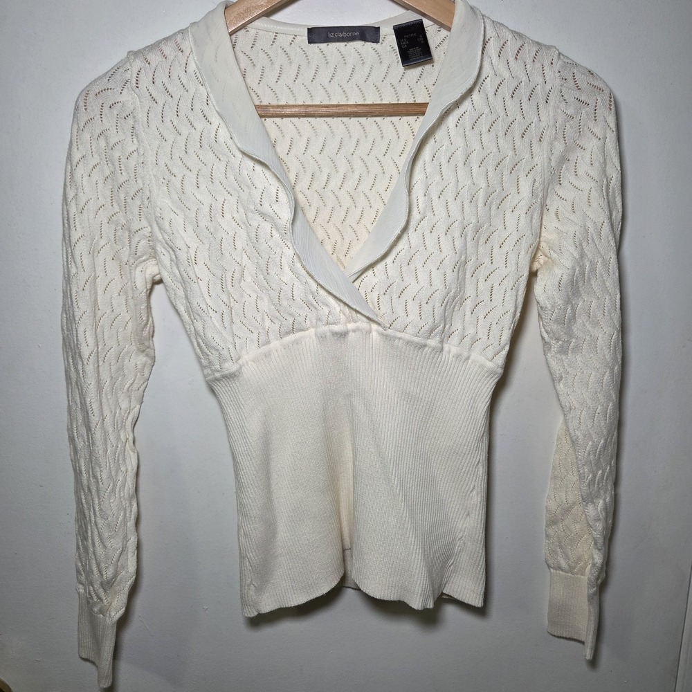 Liz Claiborne Cream Pointelle Knit Long Sleeve Wrap Style Sweater Top S Coquette